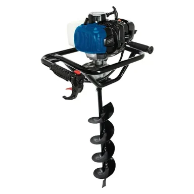 Benzinbetriebener Erdbohrer mit blauem Motor und schwarzem Rahmen.